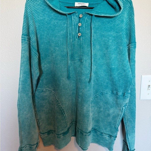 Zenana Outfitters Tops - Zenana Outfitters Turquoise Waffle Knit Hoodie Size Large